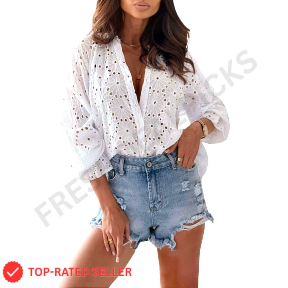 Boho Crochet Button Down Blouse Lantern Sleeve Lace Eyelet Chic Top
